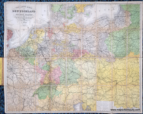 Antique map of Germany and surrounding. ANtique tones of green, pink, yellow, orange, purple to indicate political boundaries. Genuine-Antique-Map-Germany---Post--Reise-Karte-von-Deutschland-und-den-Nachbar-Staaten-1874-Flemming-Handtke-Maps-Of-Antiquity