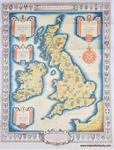 Map of the British Isles with decorative borders and crests. Original color. Vintage 1951. Genuine-Original-Map-The-British-Isles-1951-Cecil-Meyer-Maps-Of-Antiquity