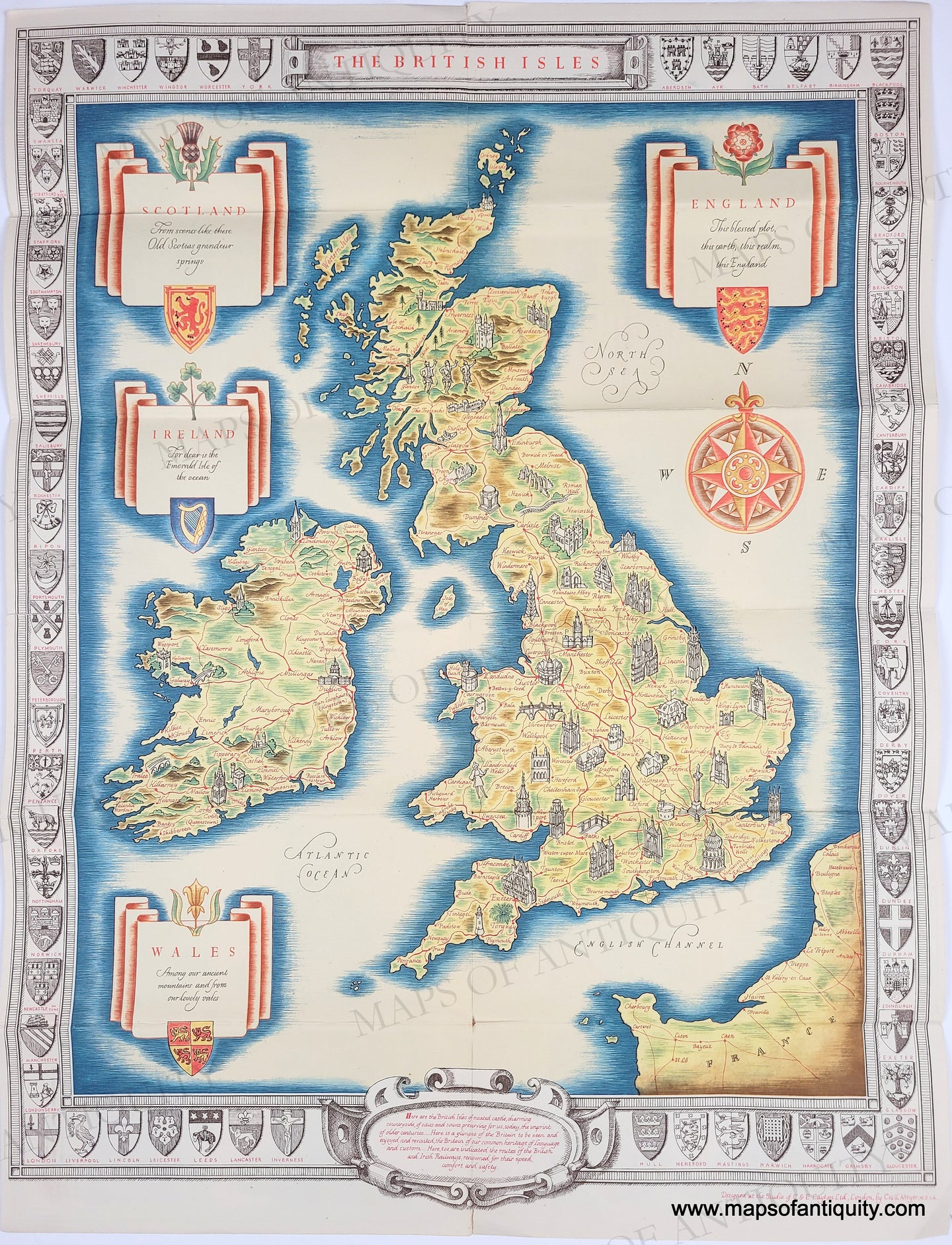 Map of the British Isles with decorative borders and crests. Original color. Vintage 1951. Genuine-Original-Map-The-British-Isles-1951-Cecil-Meyer-Maps-Of-Antiquity