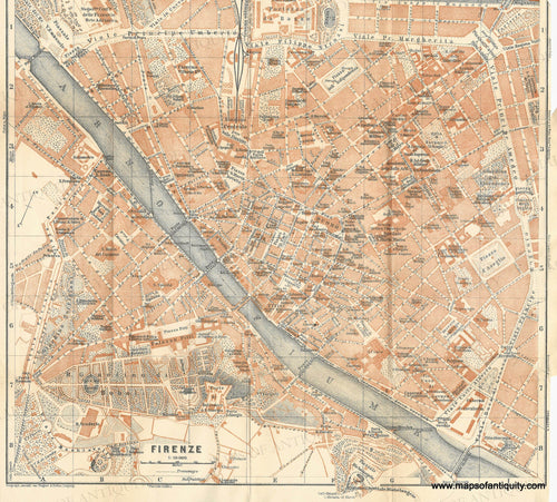 Antique map of Firenze with detailed street layout and labels. Printed color in a muted orange color.