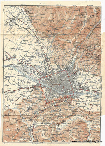 Antique map of Florence, Italy , and the surrounding area, with street grid, blue rivers, orange-brown topography. Red lines show major roads into the city and a red rectangle surrounds the city.