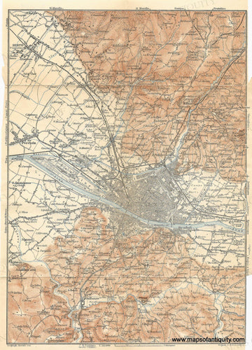 Antique map of Florence, Italy , and the surrounding area, with street grid, blue rivers, orange-brown topography. 