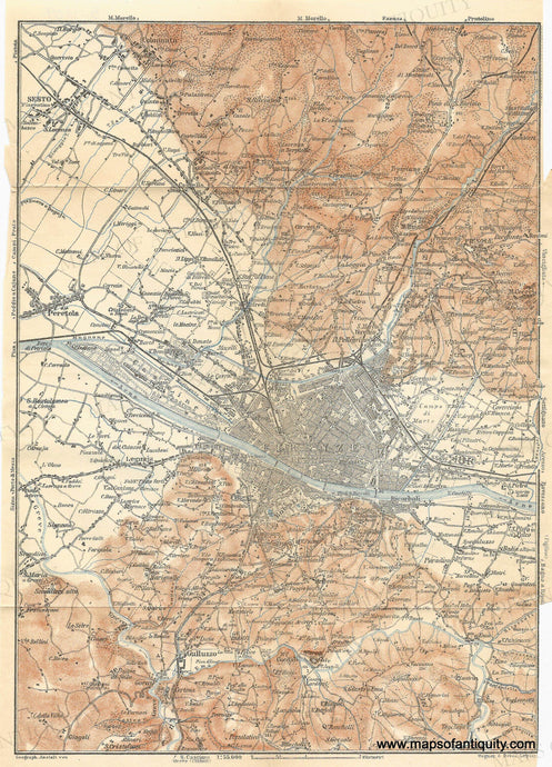 Antique map of Florence, Italy , and the surrounding area, with street grid, blue rivers, orange-brown topography. 