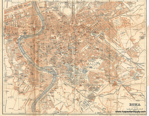 Antique map of Rome, Italy with detailed street layout and labels. Printed color in a muted orange color.
