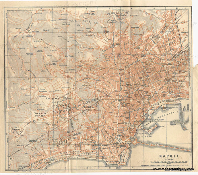 Antique map of Naples, Italy, Napoli with detailed street layout and labels. Original printed color in a muted orange tone