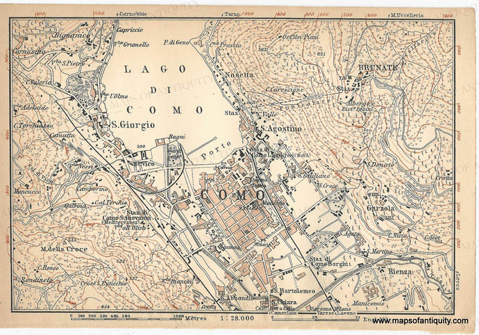 Antique map of Como, Italy with labeled streets and landmarks. Original color in muted orange