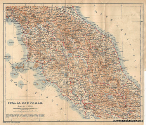 Antique map of central italy in tones of blue water, red railways, brown topography.
