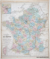 Antique map of France showing postal routes and other roads in 1854 with hand-coloring showing the departments and line coloring following train routes.