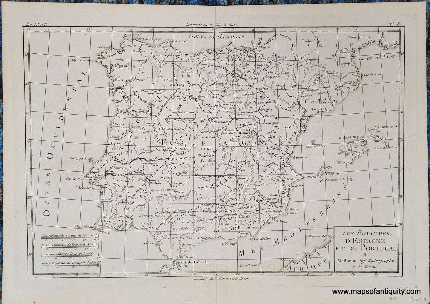 Uncolored antique map of Spain and Portugal black ink printed on lightly toned antique paper. Latitude and longitude lines. 