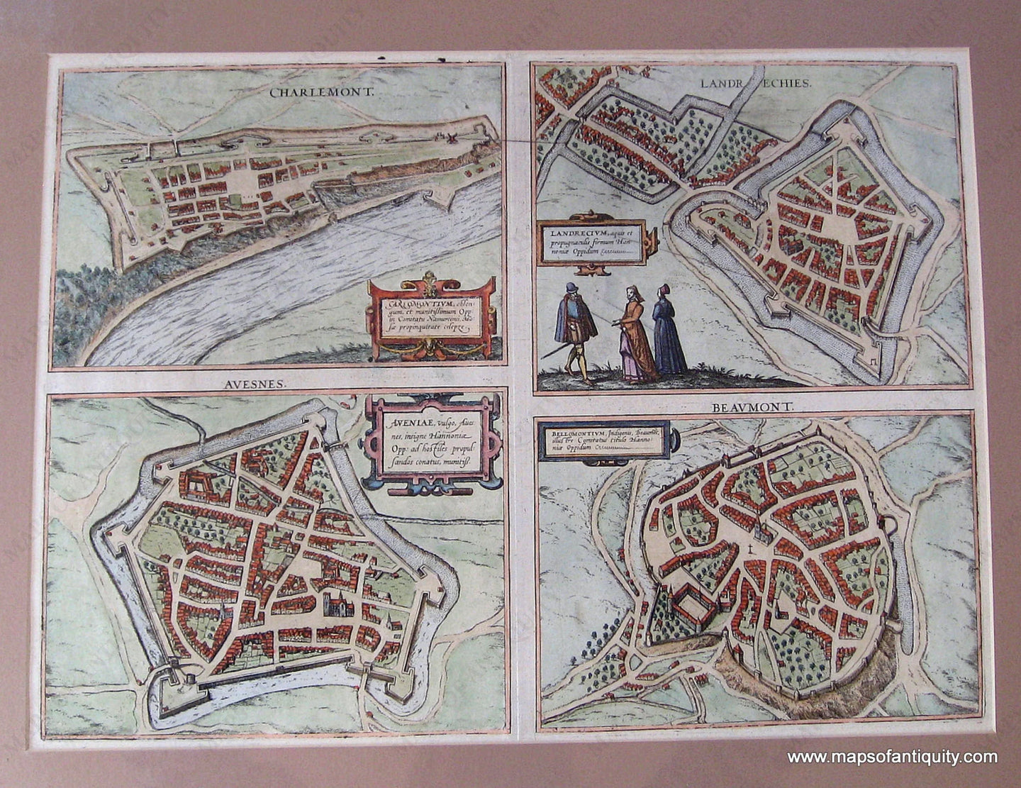 Antique-Hand-Colored-Map-Charlemont-Landreches-Avesnes-Beaumont.**********-Europe-France-c.-1575-Braun-&-Hogenberg-Maps-Of-Antiquity