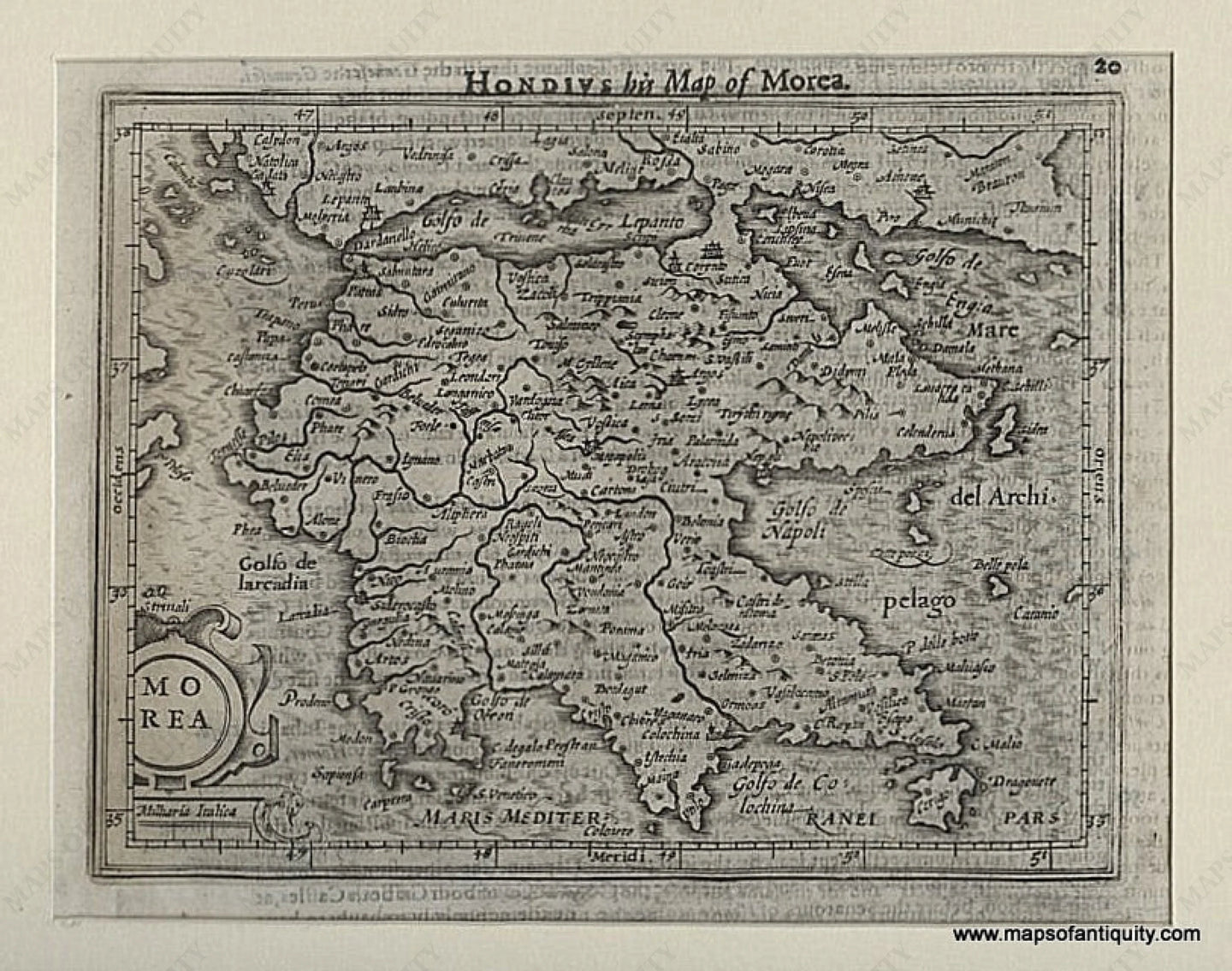 Black-and-White-Antique-Map-Hondius-his-Map-of-Morea-(Greece:-The-Peloponnesus)--Europe-c.-1625-Hondius-Maps-Of-Antiquity