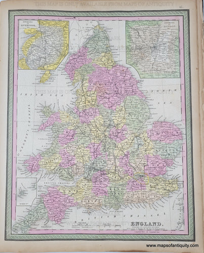 Antique Map of England and Wales with original hand-coloring in tones of green, yellow, peach, and pink. 