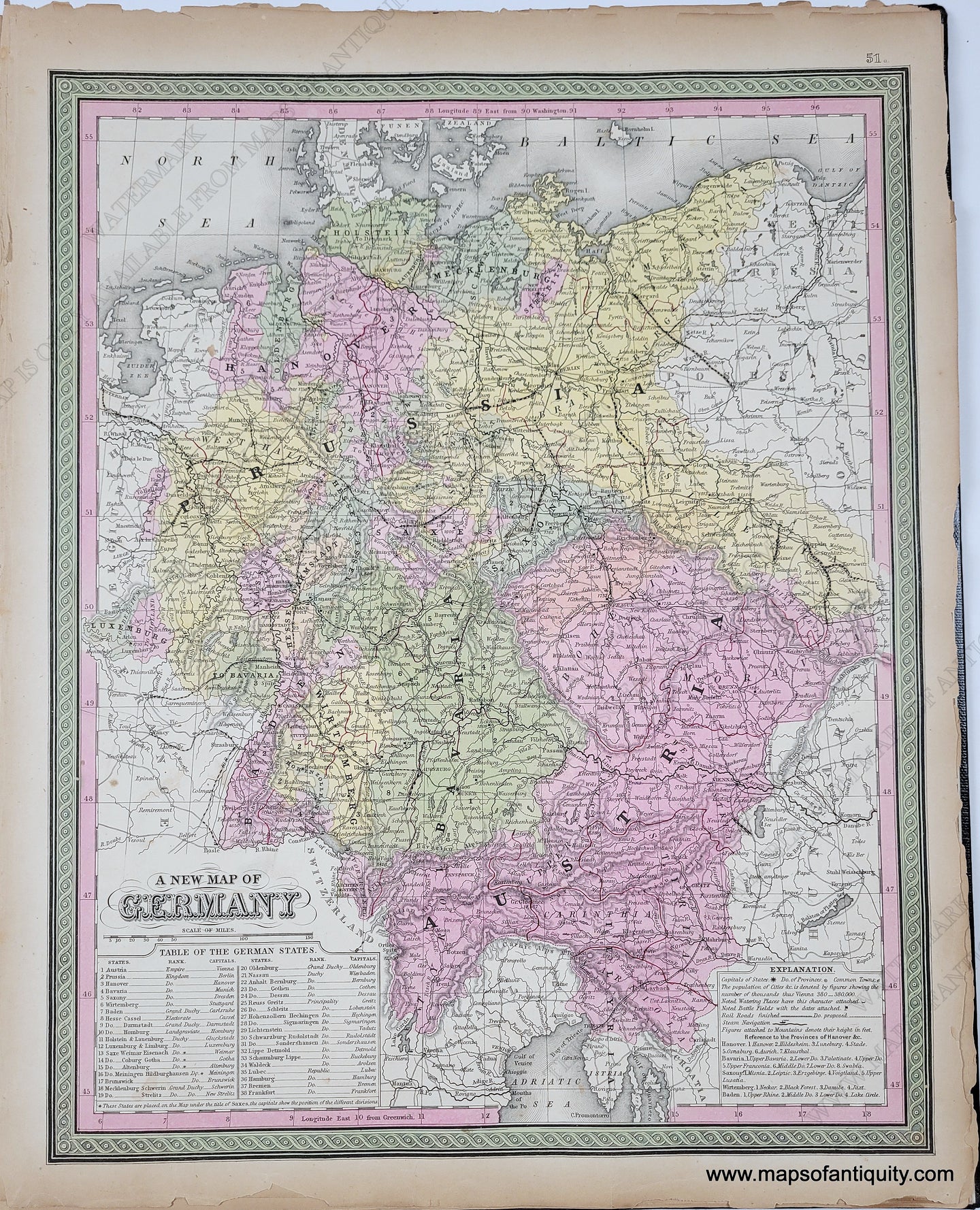 Antique Map with original hand-coloring in tones of green, yellow, peach, and pink. Antique-Hand-Colored-Map-A-New-Map-of-Germany.