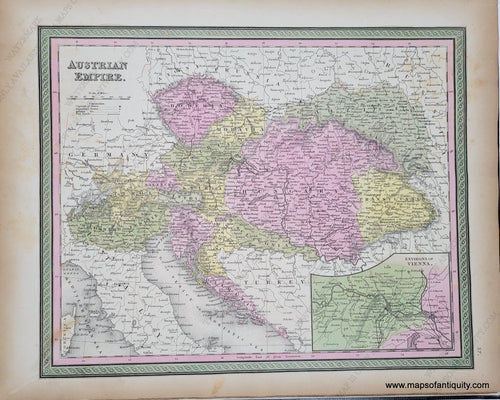 Antique Map with original hand-coloring in tones of green, yellow, peach, and pink.  Antique-Hand-Colored-Map-Austrian-Empire.-Europe-Austria-1849-Mitchell