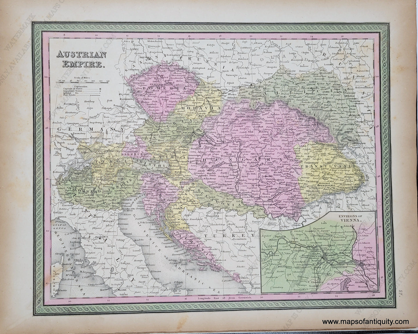 Antique Map with original hand-coloring in tones of green, yellow, peach, and pink.  Antique-Hand-Colored-Map-Austrian-Empire.-Europe-Austria-1849-Mitchell