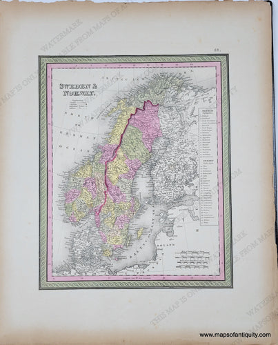 Antique Map with original hand-coloring in tones of green, yellow, peach, and pink. Antique-Hand-Colored-Map-Sweden-&-Norway.-Europe-Scandinavia-1849-MitchellMaps-Of-Antiquity