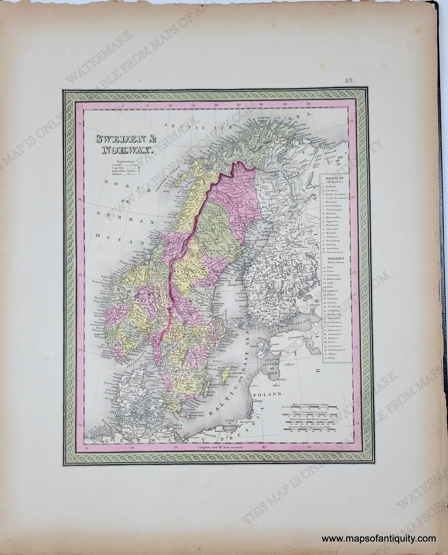 Antique Map with original hand-coloring in tones of green, yellow, peach, and pink. Antique-Hand-Colored-Map-Sweden-&-Norway.-Europe-Scandinavia-1849-MitchellMaps-Of-Antiquity