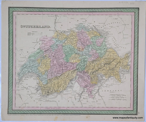 Antique-Hand-Colored-Map-Switzerland.-Europe-Switzerland-1854-Mitchell/Cowperthwait-Desilver-&-Butler-Maps-Of-Antiquity