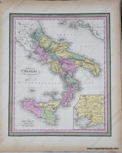 1849 - Kingdom Of Naples Or The Two Sicilies. Antique Map Genuine Hand-Colored