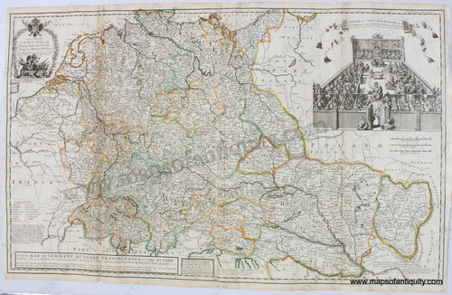 Antique-Hand-Colored-Map-A-New-Map-of-Germany-Hungary-Transilvania-&-the-Suisse;-To-His-Grace-John-Duke-of-Marlborough-Prince-of-Mindelheim-This-Map-of-Germany-Germany--1712-Hermann-Moll-Maps-Of-Antiquity