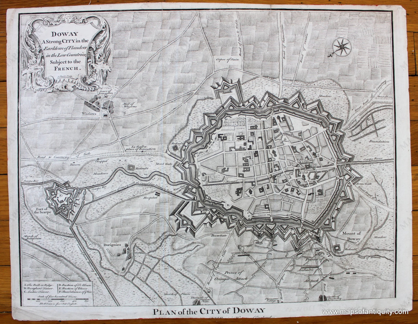 Black-and-White-Engraved-Antique-City-Plan-Plan-of-the-City-of-Doway-Belgium-Europe-Belgium-1745-Tindal/Rapin-Maps-Of-Antiquity