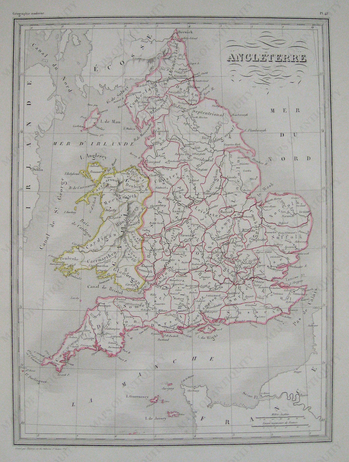 Antique-Hand-Colored-Map-Angleterre--England---avec-les-iles-de-Jersey-et-Guernesey-etc.-England--1842-Malte-Brun-Maps-Of-Antiquity