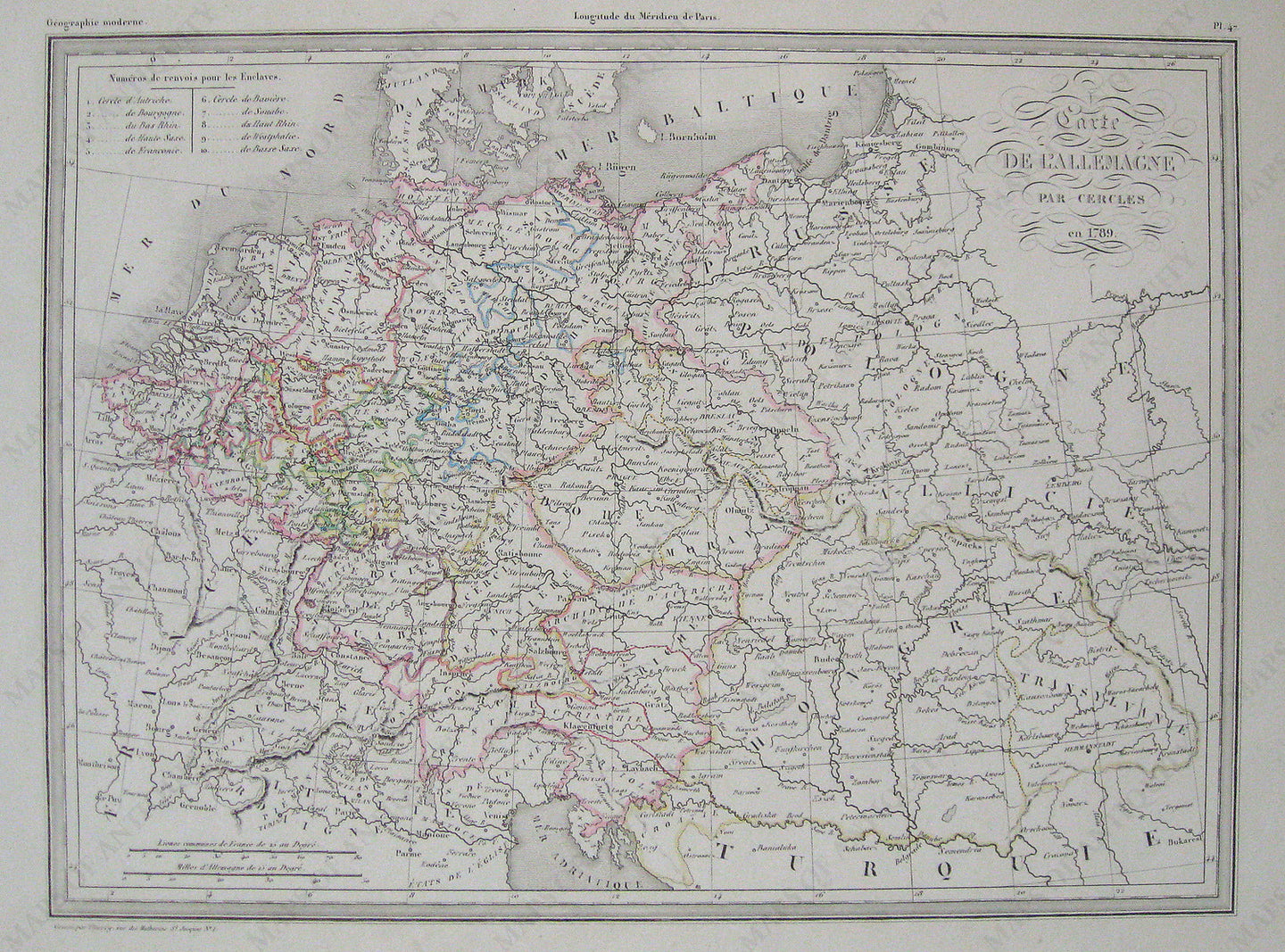 Antique-Hand-Colored-Map-Carte-de-l'Allemagne-par-cercles-en-1789.-Germany--1842-Malte-Brun-Maps-Of-Antiquity