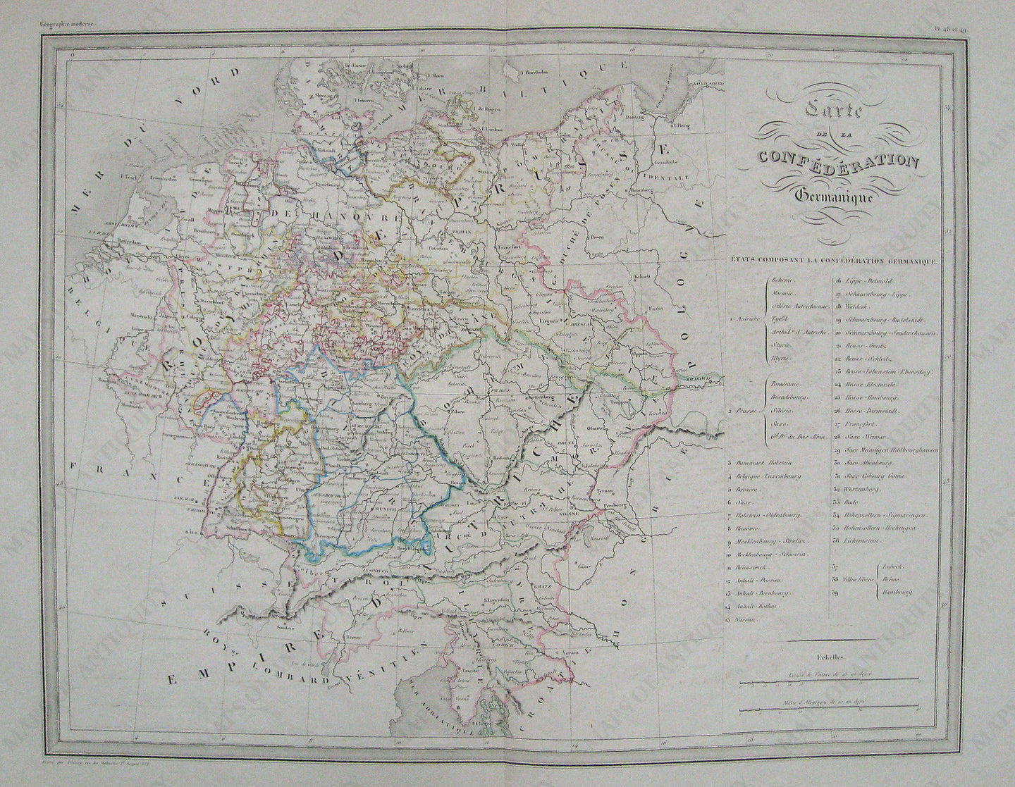 Antique-Hand-Colored-Map-Carte-de-la-Confederation-Germanique---Germany-Germany--1842-Malte-Brun-Maps-Of-Antiquity