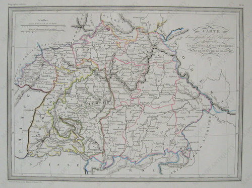 Antique-Hand-Colored-Map-Carte-d'une-Partie-de-l'Allemagne-comprenant-La-Baviere-le-Wurtemburg-et-le-Grand-Duche-de-Bade.-Germany--1842-Malte-Brun-Maps-Of-Antiquity