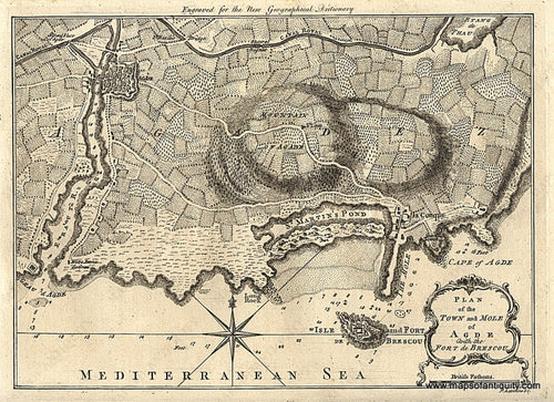 Antique-Black-and-White-Engraved-City-Plan-Plan-of-the-Town-and-Mole-of-Agde-with-the-Fort-de-Brescou---1759-Rollos-Maps-Of-Antiquity