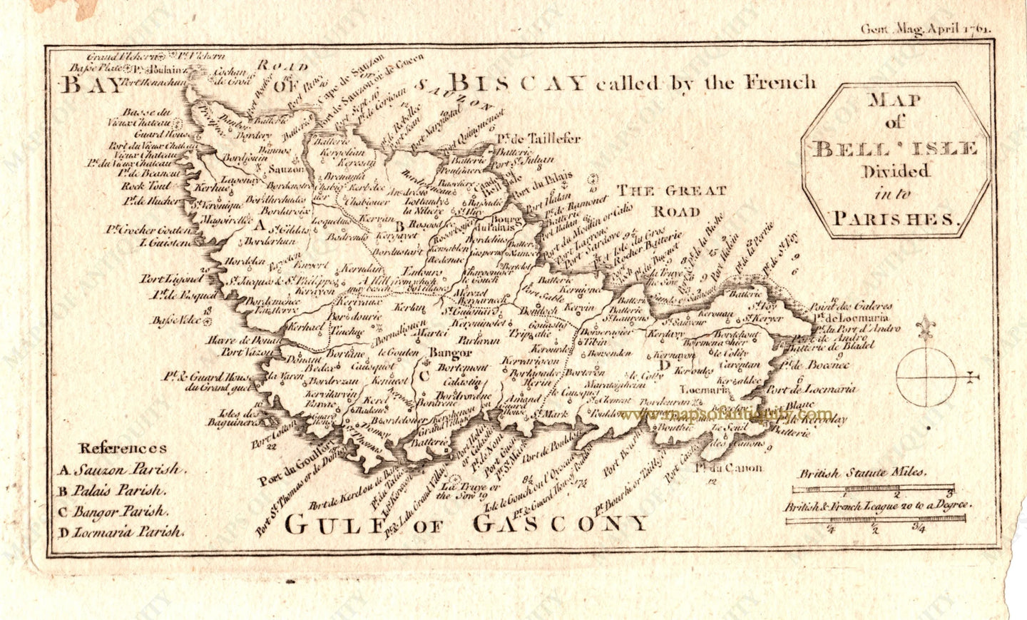 Black-and-White-Antique-Map-Map-of-Bell'Isle-Divided-into-Parishes-Europe--1761-Gentleman's-Magazine-Maps-Of-Antiquity