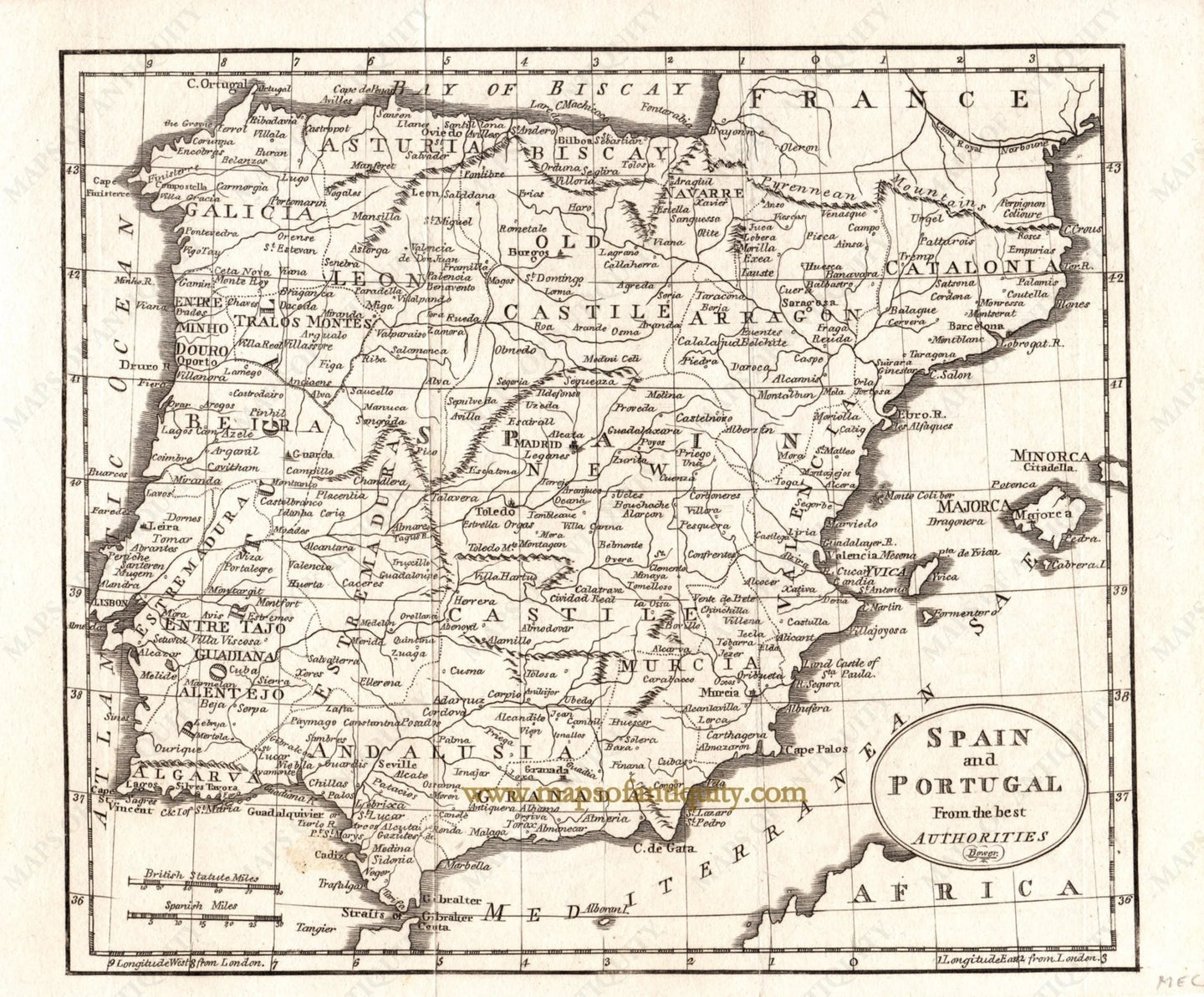 Black-and-White-Antique-Map-Spain-and-Portugal-from-the-Best-Authorities-Europe--c.-1750-Bowen-Maps-Of-Antiquity