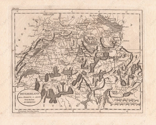 Black-and-White-Antique-Map-Switzerland-with-its-Subjects-&-Allies-Europe--1802-Warner-and-Carey-Maps-Of-Antiquity