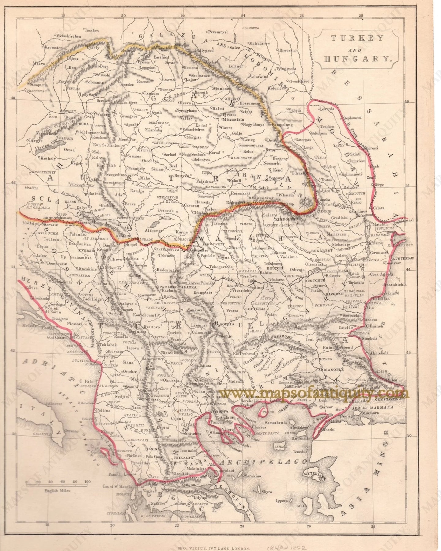 Antique-Hand-Colored-Map-Turkey-and-Hungary-Europe--1848-Virtue-Maps-Of-Antiquity