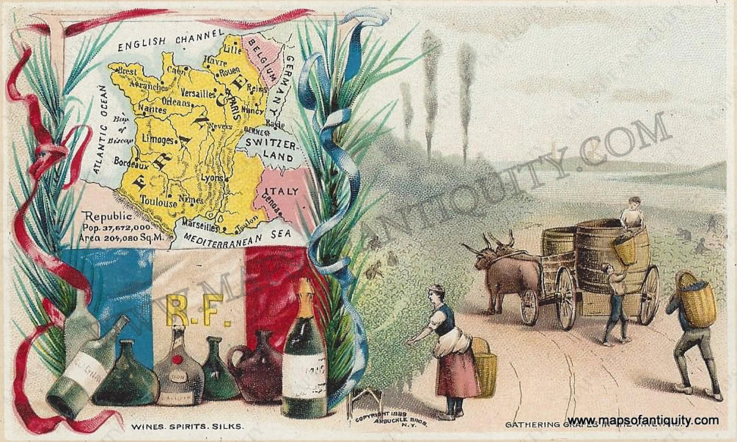 1890 - France Antique Chromolithograph Print Map