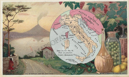 Antique-Chromolithograph-Map-Italy-1890-Arbuckle-1800s-19th-century-Maps-of-Antiquity