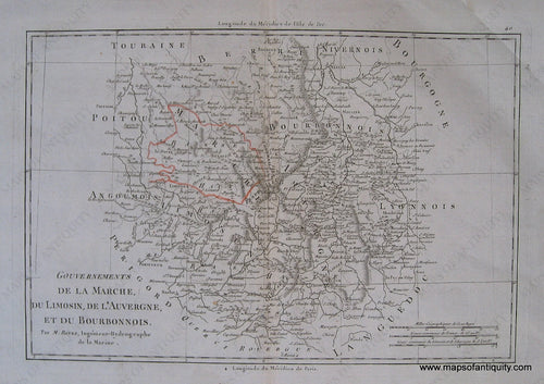 Antique-Black-and-White-Engraved-Map-Gouvernements-de-la-Marche-du-Limosin-de-L'Auvergne-et-du-Bourbonnois.-France--1771-Bonne-Maps-Of-Antiquity