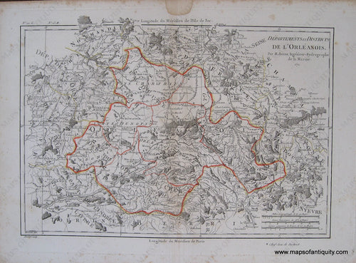 Antique-Black-and-White-Engraved-Map-with-Outline-Color-Departements-et-Districts-de-L'Orleanois.-France--1790-Bonne-Maps-Of-Antiquity