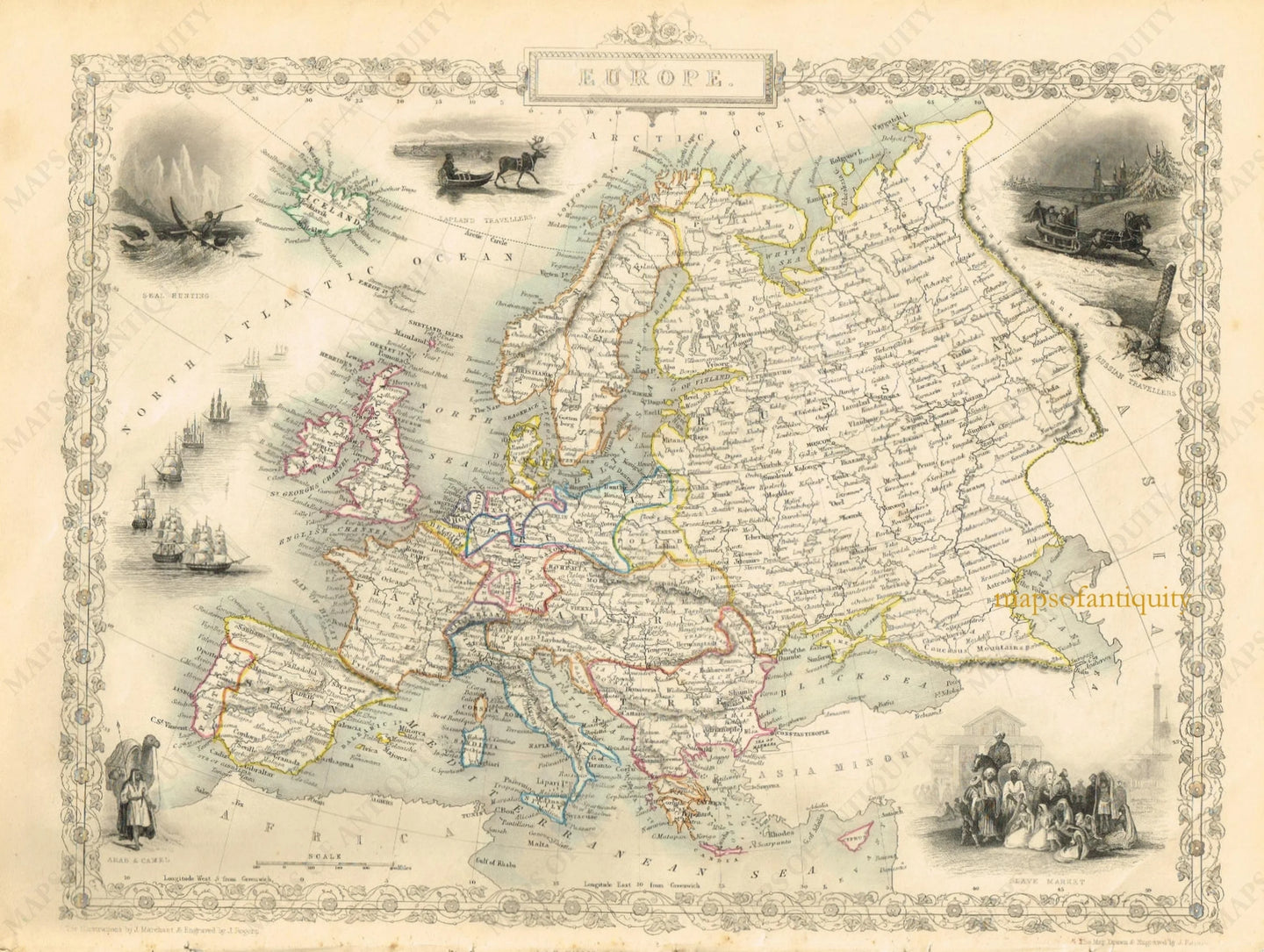 Antique-Hand-Colored-Map-Europe-Europe-Europe-General-1851-Tallis-Maps-Of-Antiquity