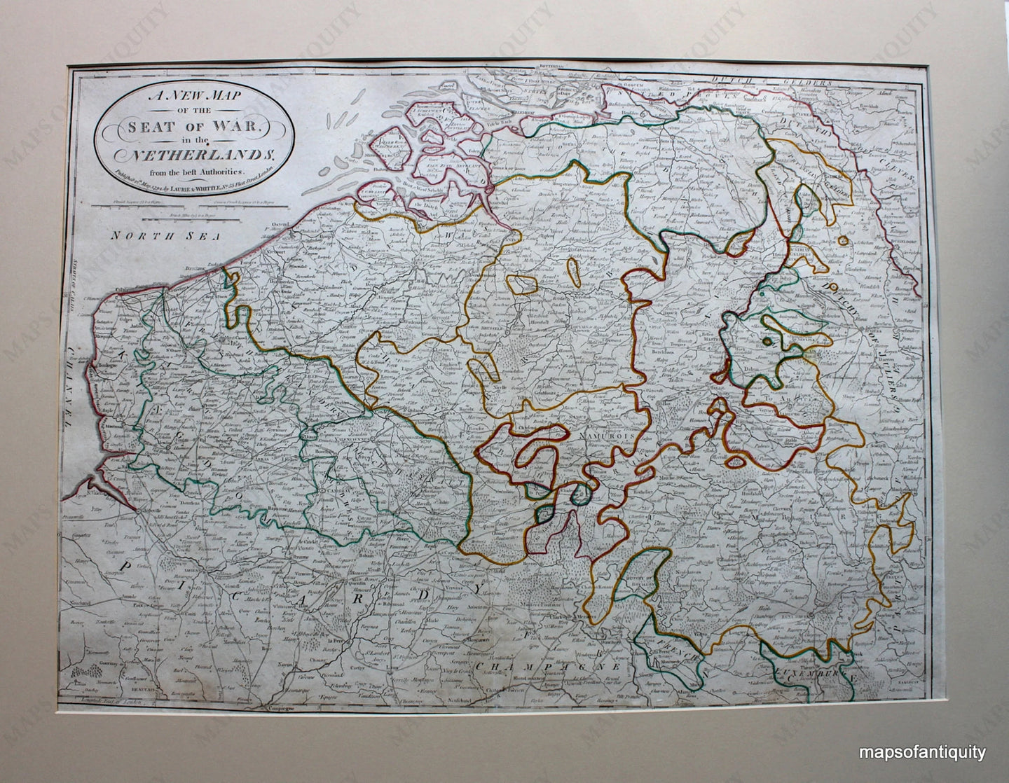 Antique-Hand-Colored-Engraved-Map-A-New-Map-of-the-Seat-of-War-in-the-Netherlands-Europe-Holland-1794-Laurie-and-Whittle-Maps-Of-Antiquity