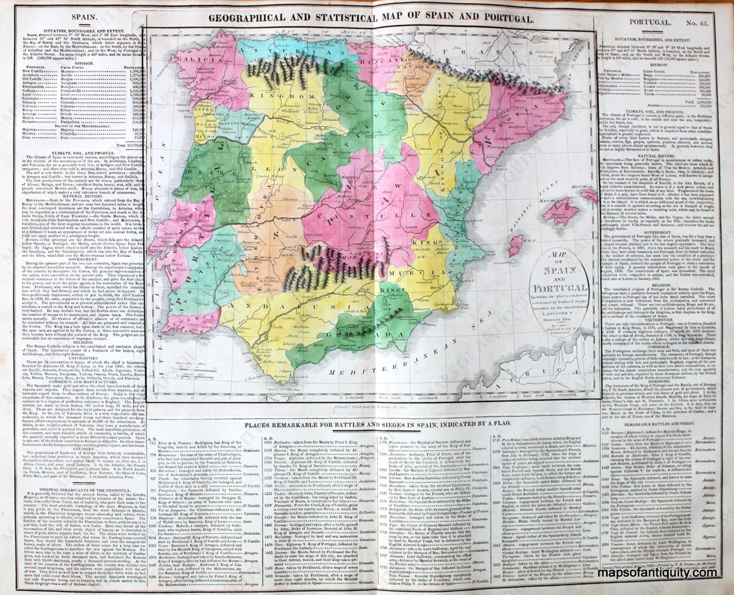 Antique-Hand-Colored-Map-Geographical-and-Statistical-Map-of-Spain-and-Portugal.-No.-43.-Europe-Spain-1821-Lavoisne-Maps-Of-Antiquity