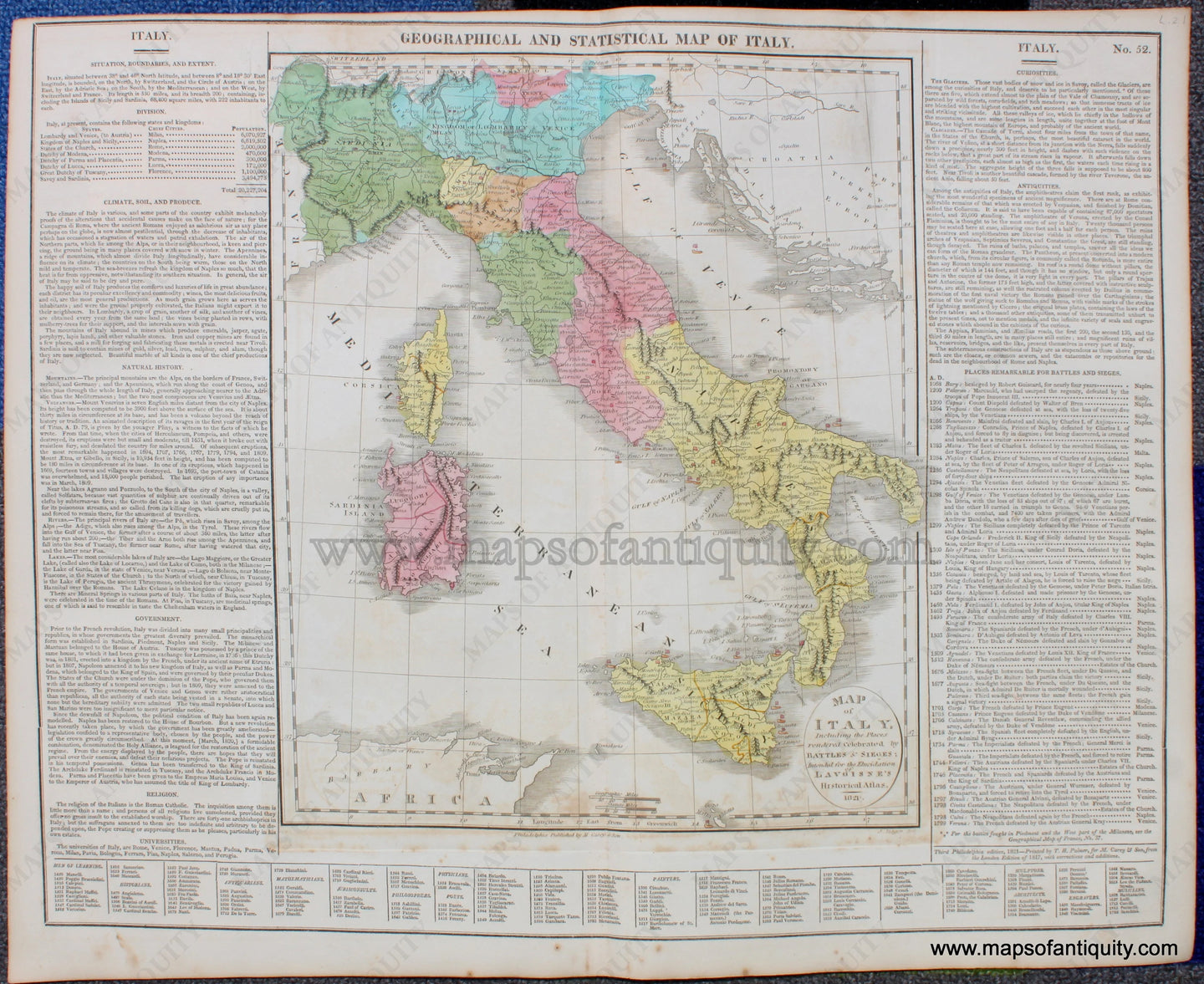 Antique-Hand-Colored-Map-Geographical-and-Statistical-Map-of-Italy.-No.-52.-Europe-Italy-1828-Lavoisne-Maps-Of-Antiquity