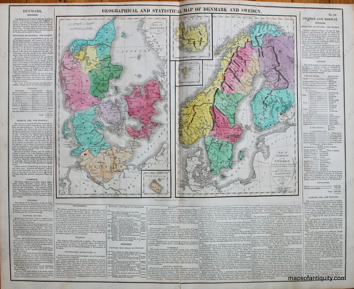 Antique-Hand-Colored-Map-Geographical-and-Statistical-Map-of-Denmark-and-Sweden-(and-Norway).-No.-59.-Europe-Sweden-Norway-Denmark-1821-Lavoisne-Maps-Of-Antiquity