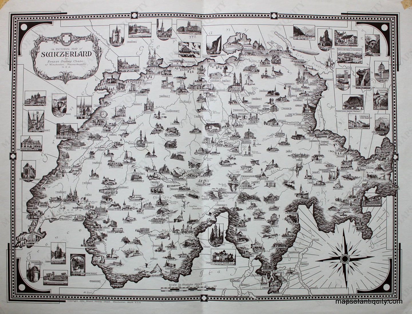 Antique-Black-and-White-Pictorial-Map-A-Pictorial-Map-of-Switzerland-by-Ernest-Dudley-Chase****-Europe-Switzerland-1936-Ernest-Dudley-Chase-Maps-Of-Antiquity