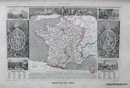 Antique map of France featuring a map with line coloring at the center surrounded by gorgeous engraving illustrations. It has a sophisticated aesthetic.