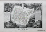 Antique map of the Ain Department of France featuring a map with line coloring at the center surrounded by gorgeous illustrations of notable animals, industries, and people of the region along with some information and statistics. It has a sophisticated aesthetic.