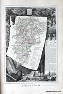 Antique map of the Aisne Department of France featuring a map with line coloring at the center surrounded by gorgeous illustrations of notable animals, industries, and people of the region along with some information and statistics. It has a sophisticated aesthetic.