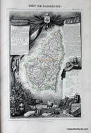 Antique map of the Ardeche Department of France featuring a map with line coloring at the center surrounded by gorgeous illustrations of notable animals, industries, and people of the region along with some information and statistics. It has a sophisticated aesthetic.