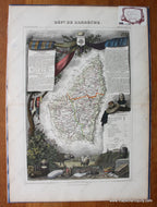 Antique map of the Ardeche Department of France featuring a map with line coloring at the center surrounded by gorgeous illustrations of notable animals, industries, and people of the region along with some information and statistics. It has a sophisticated aesthetic.