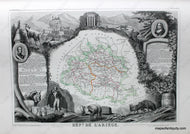 Antique map of the Ariege Department of France featuring a map with line coloring at the center surrounded by gorgeous illustrations of notable animals, industries, and people of the region along with some information and statistics. It has a sophisticated aesthetic.